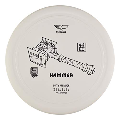 54f1d9d8 b589 5c8f 85c1 e874e4bc663f The Yikun Hammer is a utility putter designed for putting on windy days (or any day). This is a slow, overstable putter- perfect for hyzer putters or short approaches. This disc features a raised rim and an inner rim thumbtrack on the top of the disc, creating essentially, two raised thumbtracks. Tiger Line plastic is Yikun's most inexpensive plastic, it is durable and grippy. NOTE: Disc weight varies (170-172)grams