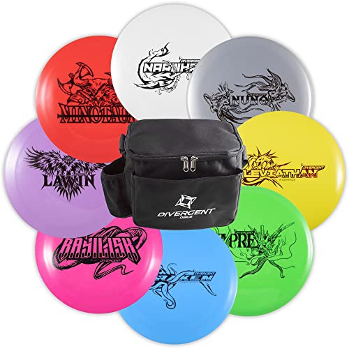 1787dfbb c9cc 5dd7 a11a d3baa4b01b42 The Divergent Discs Complete 8-Disc Set with Bag is the ultimate Disc Golf starter set for both new and intermediate players alike! This set includes beginner friendly discs including a variety easy-to-throw discs, as well as some discs that you will grow into as your disc golf game improves. On day one, players will find great uses for each of the 8 discs in this box! This set includes a starter bag that holds 8-12 discs, so you still have a little room to add discs of your own. This set includes the following 8 Divergent Discs, all in long-lasting Max Grip plastic: The Narwhal and the Nuno Putters, The Leviathan and Kapre Mid-Range Discs, The Kraken, Basilisk, Lawin, and Minotaur Drivers. This set has it all to kick off your disc golf journey, and then to take your disc golf game to the next level.