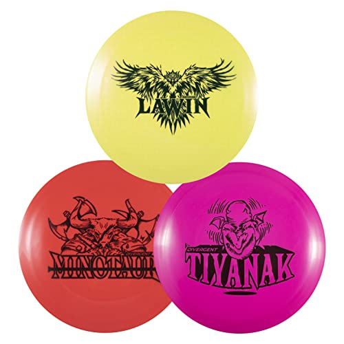 bd783cda 4181 5286 8234 3bbe91e6c363 The Divergent Discs 3-Disc Booster set contains three unique disc golf drivers that are not included in the Divergent Discs Starter Set or in the Divergent Discs Max Performance Set. This set will add three extra drivers to your bag, each with specific utility performance for your disc golf game. The Lawin is a high-speed distance driver designed to provide extra fade (an overstable flight pattern) so that you can throw with extra power, move around obstacles, or throw more accurately into a headwind. The Minotaur is a fairway driver that also provides an overstable end-of-flight fade, but at shorter distances than the Lawin. The Tiyanak is a very understable fairway driver that is fade-resistant. It is perfect for beginners who don't have high arm speed, but also can be used as a roller, hyzer-flip, or understable anhyzer disc for experienced players. It is the most understable (beginner-friendly) driver in the Divergent Discs line.