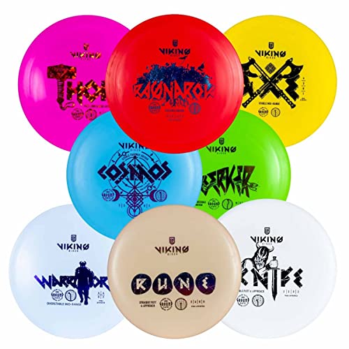 07cd510b 05bd 5d0c b948 88654a0dde33 This is a complete 8 Disc Set from Viking Discs - featured in their Ground Plastic. This bundle includes the 8 original discs from Viking Discs, a Finnish brand with rising popularity. Buying the set allows you to save money over buying each disc individually, plus it's a great way to grow, or start, you collection! This set includes: Viking Discs Ground Rune Viking Discs Ground Knife Viking Discs Ground Axe Viking Discs Ground Warrior Viking Discs Ground Ragnarok Viking Discs Ground Cosmos Viking Discs Ground Berserker Viking Discs Ground Thunder God Thor Viking Ground plastic has been designed to offer excellent grip in hot, cold, and even rainy weather conditions. This plastic grade is flexible and sticky compared with the other Viking plastic blends. Discs in ground plastic seem to have more glide and quickly break in to give you a straighter flight over time. Color and weight of the discs will vary. Weights are generally 167 grams and up.