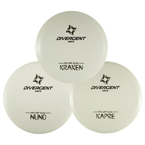 0ccd5b5e c0cb 5a95 b25c 47eefedf3396 The Divergent Discs 3-Disc Glow in the Dark Disc Golf Set caters to the slower-arm, recreational, or beginner disc golfer. The three included discs are designed to be easy to throw, helping the player achieve greater distances and more consistent throws. The three discs; Nuno, Kapre, and Kraken all com in Divergent's Max Grip Glow plastic. This plastic blend offers the same qualities as their Max Grip. However, this will glow in the dark. Simply lay the discs outside in the sun, or charge them with a UV Flashlight.