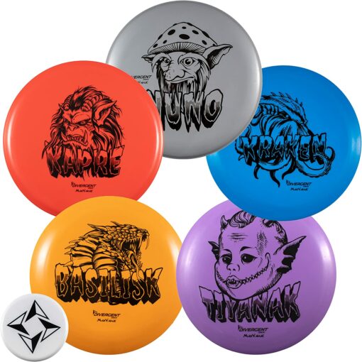 81bdVT9JuWL. AC SL1500 The Divergent Discs 5 Disc Set with Mini Marker provides all the necessary tools to enjoy a round of disc golf. It comes with 5 discs in MaxValue plastic. This set includes a (Nuno) putter, a (Kapre) midrange, Kraken (fairway driver), Tiyanak (fairway driver), a Basilisk (distance driver), and a mini marker. These discs are all designed for the beginner disc golfer, providing easy to throw discs. Helping the thrower to have confidence, distance, and fun!