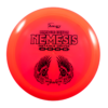 c44a0ec8 f7b3 588b 9281 13259b19a66b The Nemesis from Legacy Discs is an extremely understable distance driver that has a strong finish. It was desired for longer fairway throws. Pinnacle is a unique durable plastic blend that allows for higher flight speed. Flight Numbers: Speed 10, Glide 6, Turn -4, Fade 2. Note: Stamp color will vary.